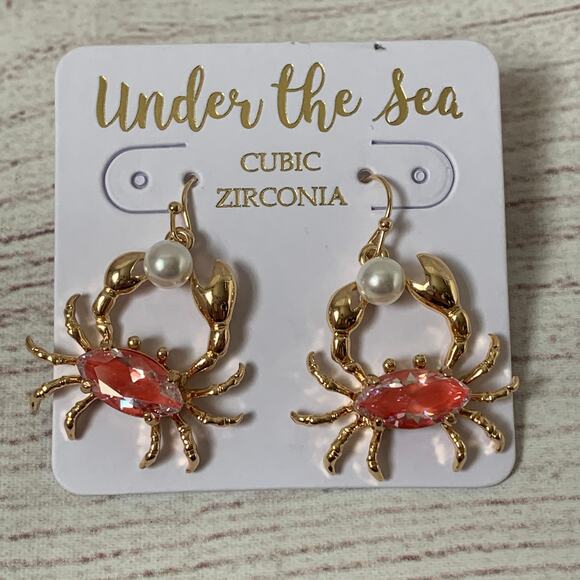 Under The Sea Crab Earrings Cubic Zirconia Faux Pearl Fishhook Style Cancer - Picture 2 of 9